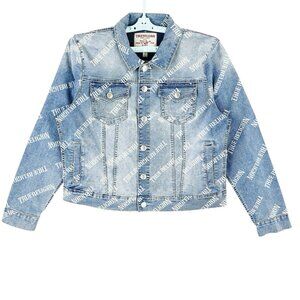 NWT True Religion Women Light Wash Blue Allover Logo Relaxed Trucker Jacket Sz L